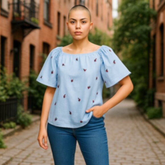 NWT LOFT Embroidered Rose Puff Sleeve Blouse Light Blue Size M - Picture 3 of 8